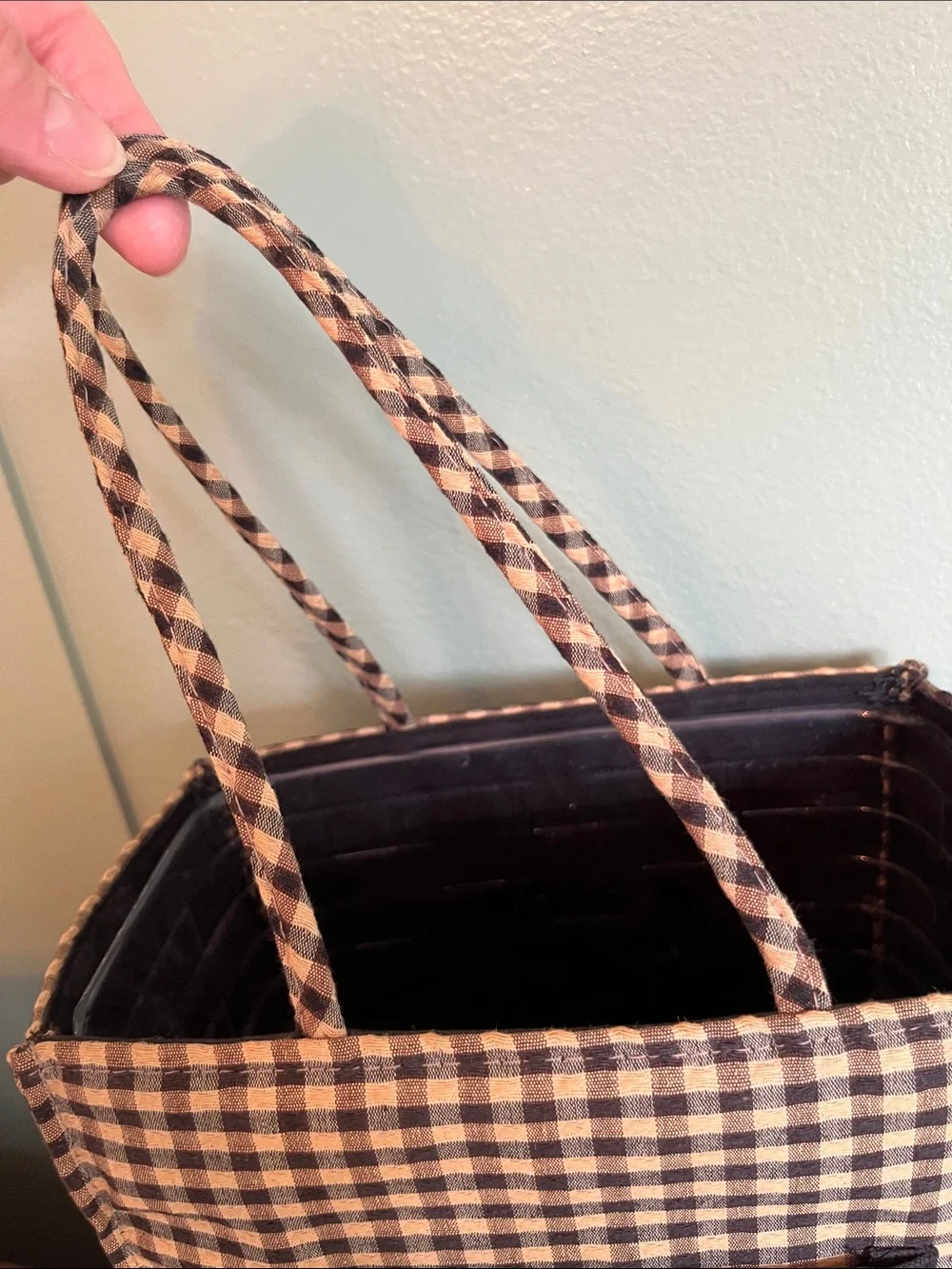 Longaberger Black and Tan Gingham Tote Accentw/ Embroidered Floral and Liner